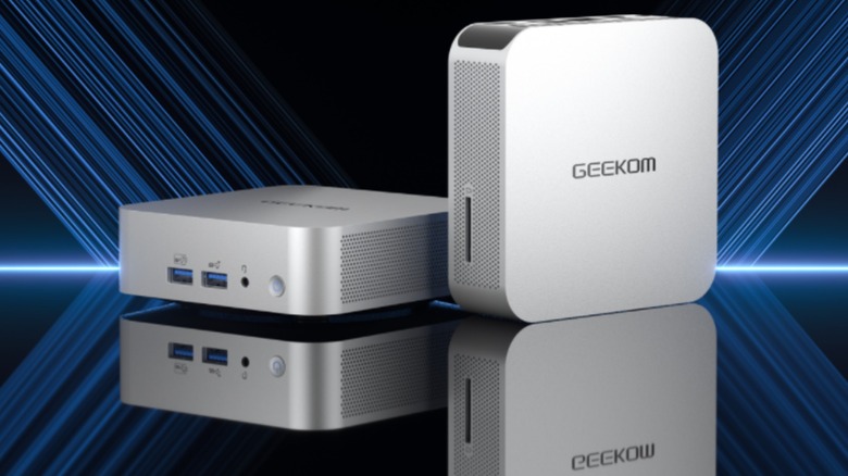 Geekom A7 mini PCs in front of artistic background