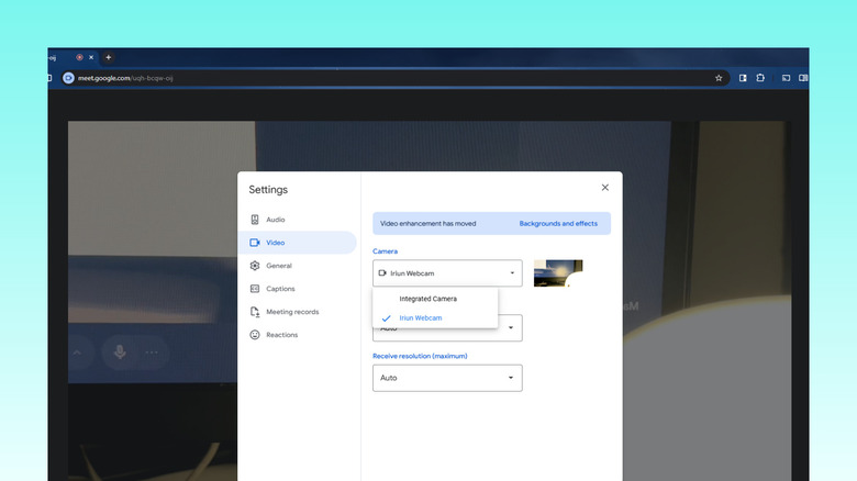 Selecting Iriun webcam as camera for Google Meet