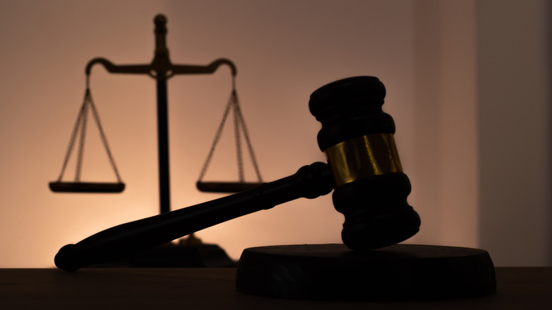 Silhouette of a judge's gavel on books.