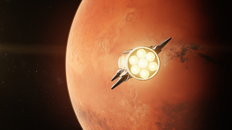 Concept of spaceship going to Mars
