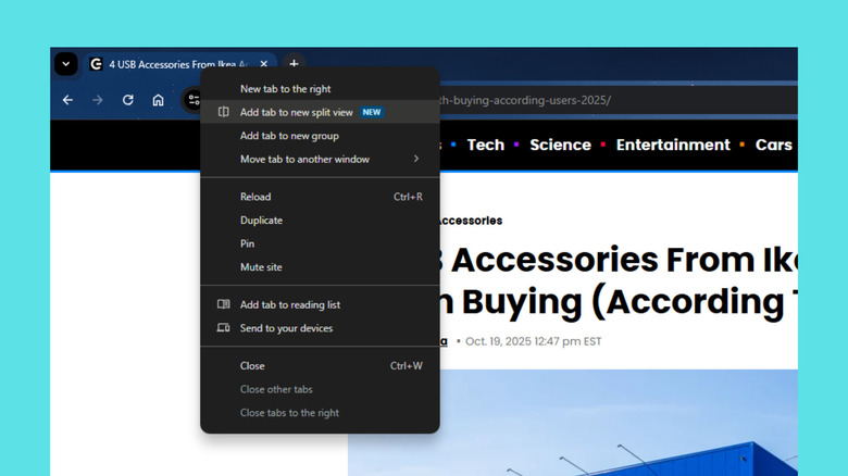 Chrome tab showing right-click tab menus with split view option
