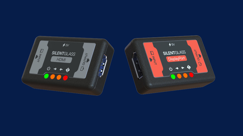 SilentGlass HDMI and DisplayPort security device with blue background.