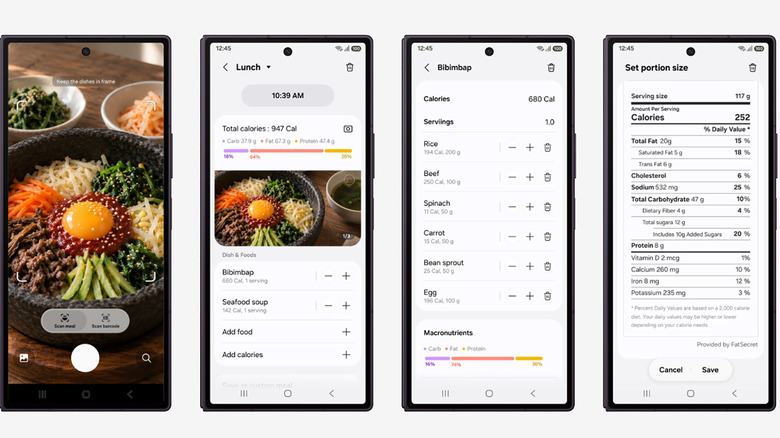 Four screenshots showing how to scan a meal in the Samsung Health app.
