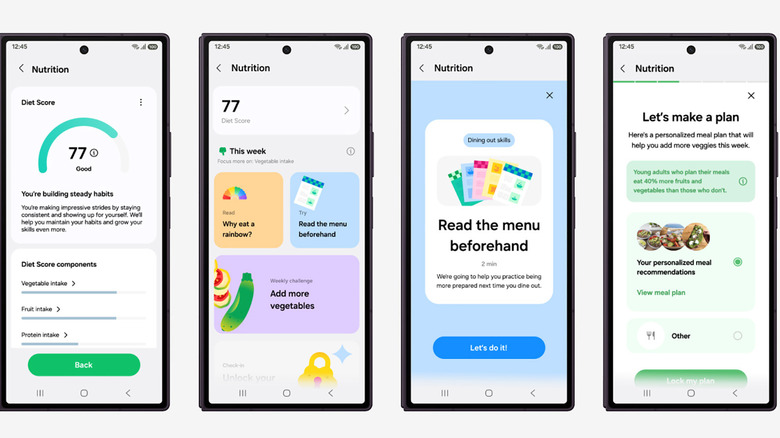 Four app screenshots showing nutrition logging in the Samsung Health app.