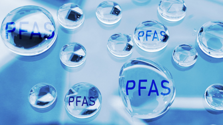 water droplets with PFAS concept on blue and white background