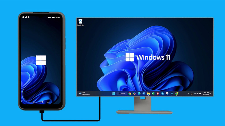 Concept image of the NexPhone windows phone connected to a desktop monitor