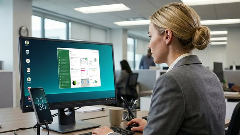 A woman using a NexPhone at the office