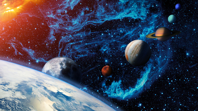 The planets of the solar system in a line