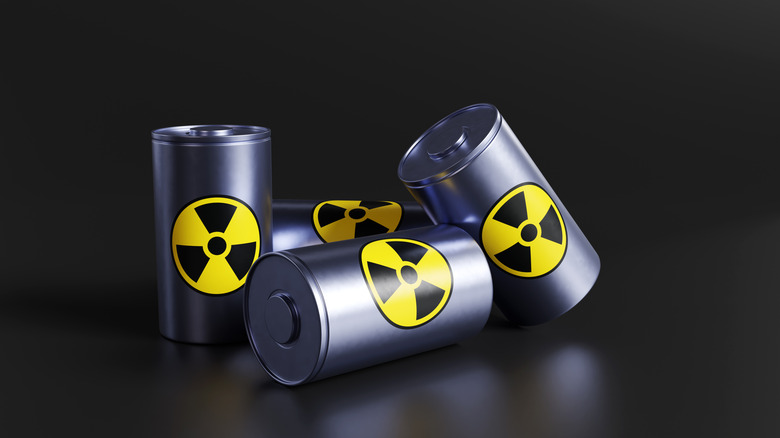 concept for nuclear-powered battery, silver batteries with nuclear symbol on them