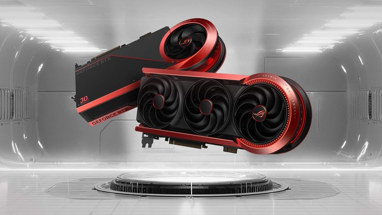 Two Asus ROG Matrix GeForce RTX 5090 graphics cards in front of a white sci-fi background