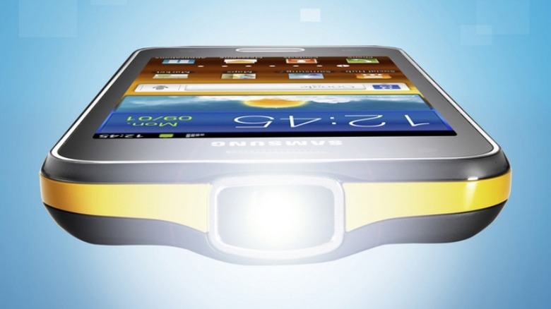 The Samsung Galaxy Beam smartphone in a promotional render on a gradient background with focus on its projector