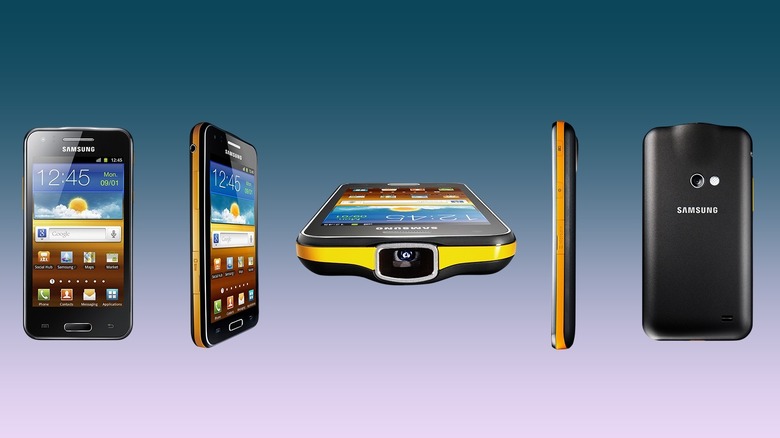 The Samsung Galaxy Beam smartphone from all angles in promotional renders on a gradient background