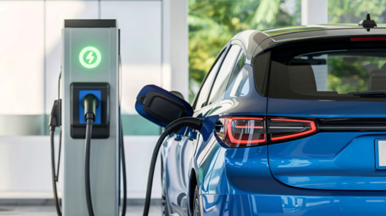 An electric vehicle at an EV charging station