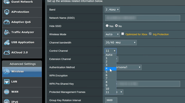 manually selecting the channel in the admin panel of an Asus wi-fi router