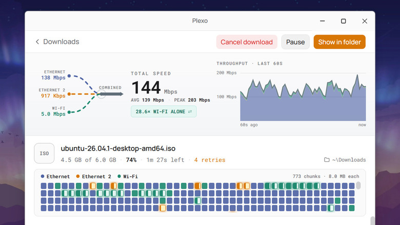 Plexo downloading a large file using three networks