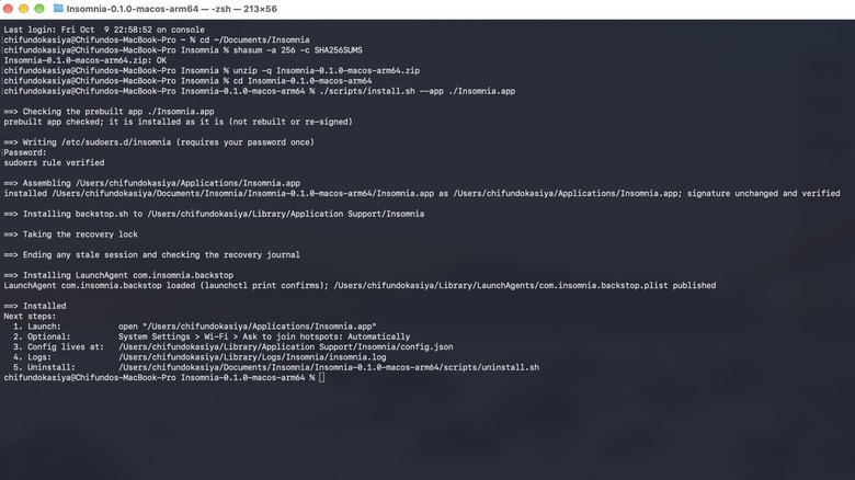 A screenshot showing Insomnia being installed using macOS Terminal