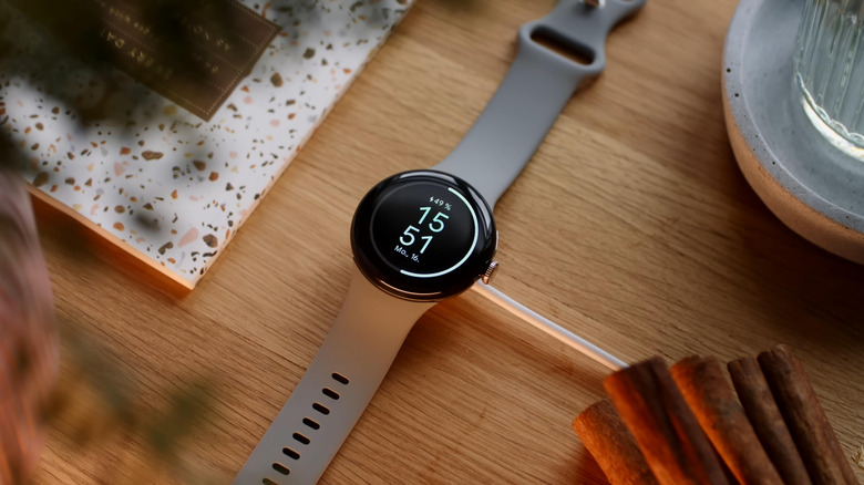 Google Pixel Watch 2 charging on a table