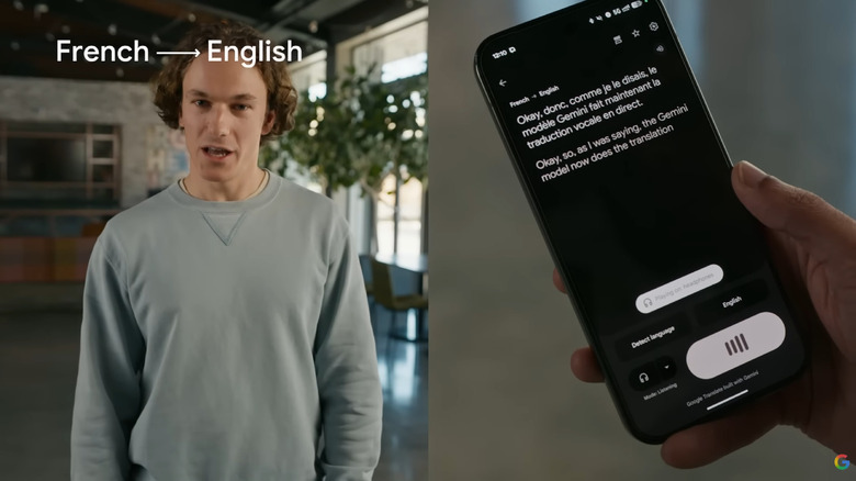 An image of Google Translate at work, showing a man on the left and a phone translating in real time on the right