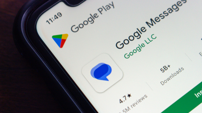 Google Messages icon and Google Play store page open on device.