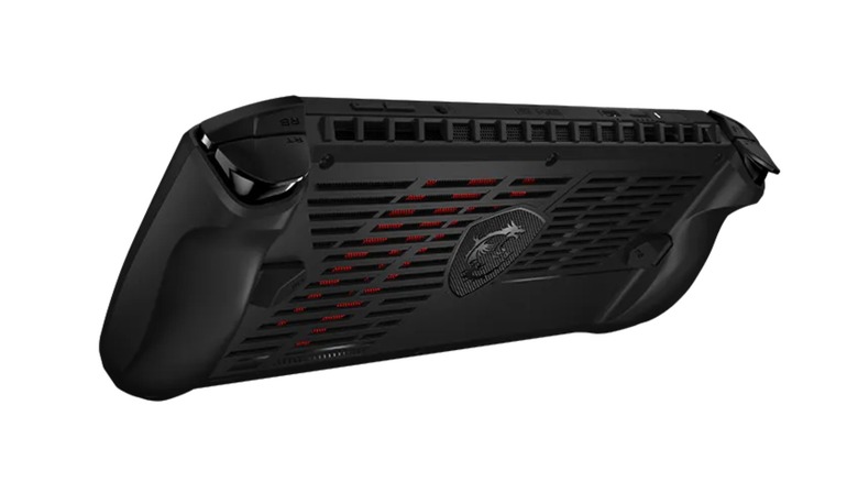 The back of a black handheld gaming console, the MSI Claw A1M, on a white background