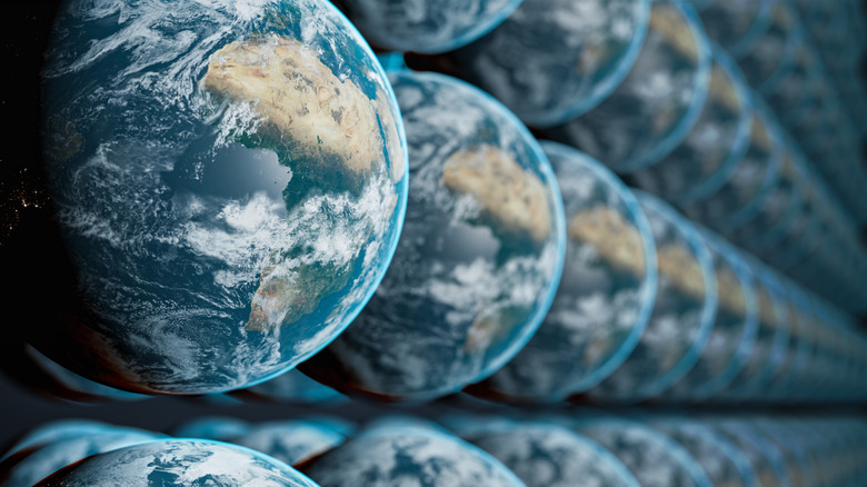 A 3D render of multiple parallel Earths.