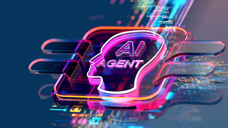 A graphic showing a simplified human head on a microchip with an AI Agent label on it