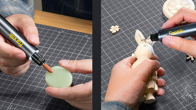 A promotional image for the Fanttik F2 Master Mini Cordless Rotary Tool Kit showing its uses