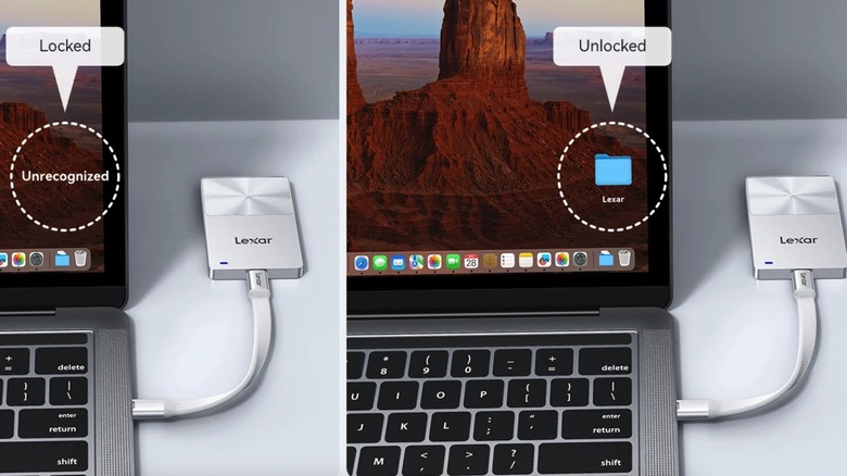 The Lexar TouchLock Portable SSD connected to a MacBook.