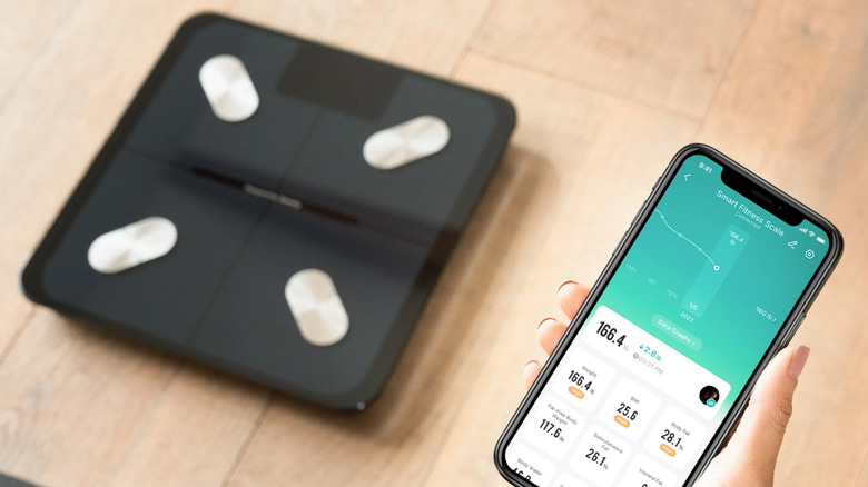 An image of a smart scale and connected app