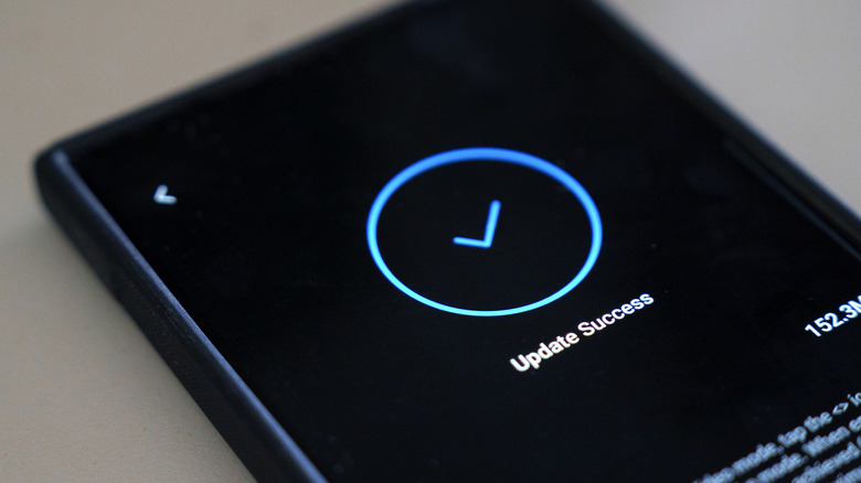 Close up photo of a phone screen with a blue encircled check mark update success icon.