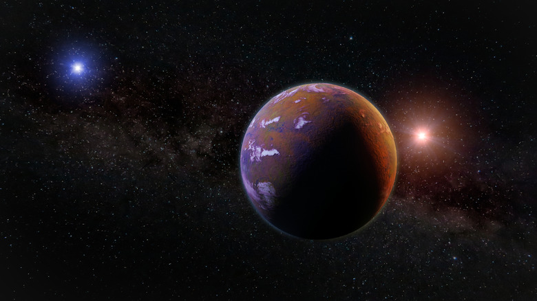 Artistic rendition of an alien planet with two nearby stars