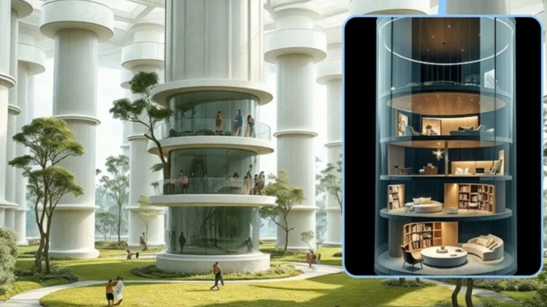 Artistic rendition of the Chrisalis gneration ship's interior with buildings and trees