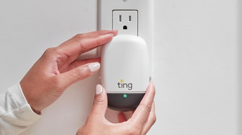 A person plugging a Ting Fire Sensor into an outlet.