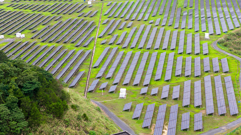 a large solar farm  on a green field