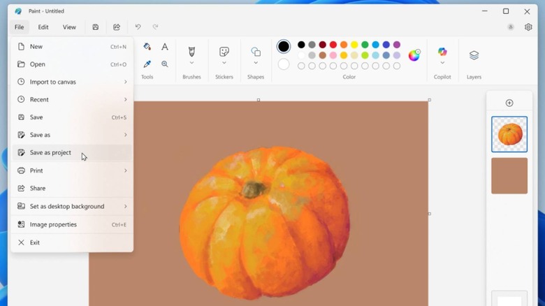 Microsoft Paint window with Save as project button highlighted in file options