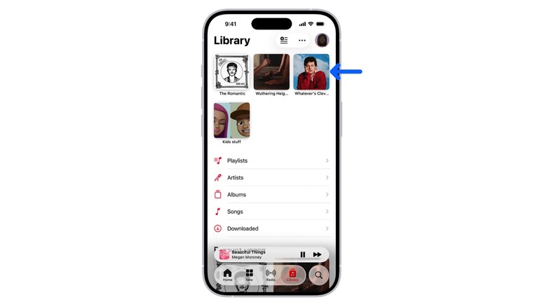 iOS 26 Apple Music app: Pins at the top of the Library menu.