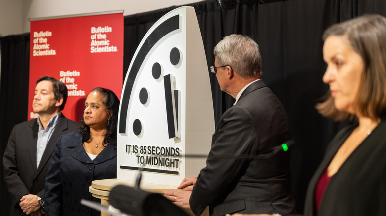 Members of the Bulletin of the Atomic Scientists Security Board unveil the Doomsday clock at 85 seconds to midnight