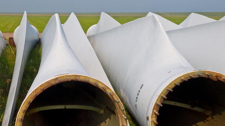 Closeup view of a disassembled wind turbine blades.