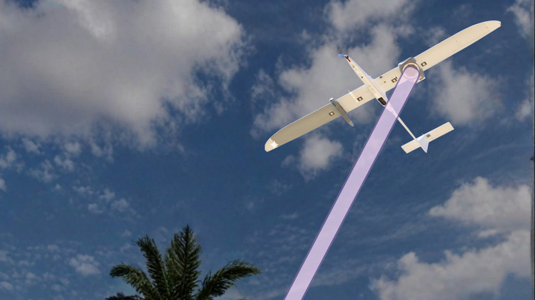 Concept drawing of power beaming from ground-based transmitter to UAS-integrated receiver
