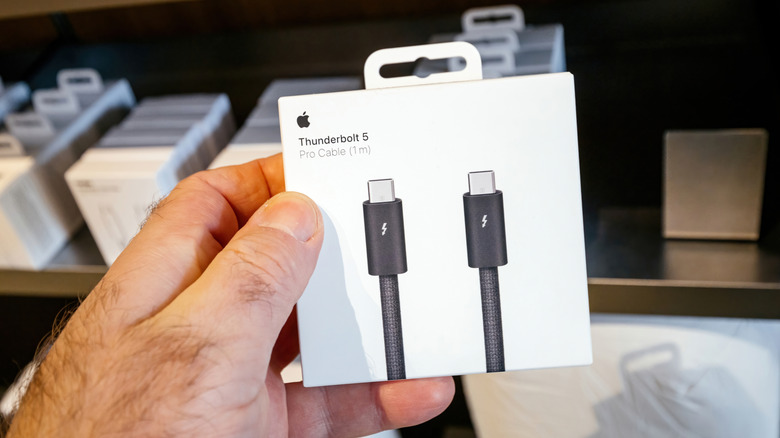 An Apple Thunderbolt 5 Pro Cable held in its packaging.