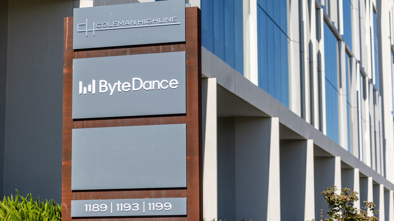 The ByteDance logo seen outside an office building in San Jose.