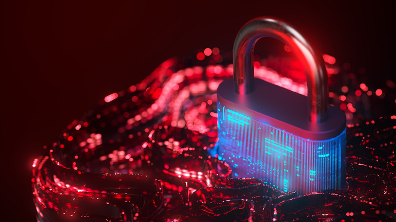 digital lock over red digital waves, security flaw concept