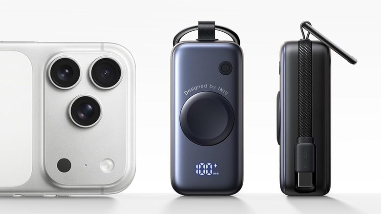 IMIU's SnapGo charger has a circular wireless charging station in its center, a digital battery indicator below it, a USB-C charging cable attached on its side, and a keychain hook on its top