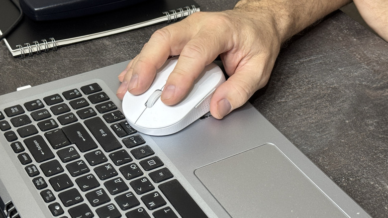 A mouse next to a laptop keyboard and touchpad.