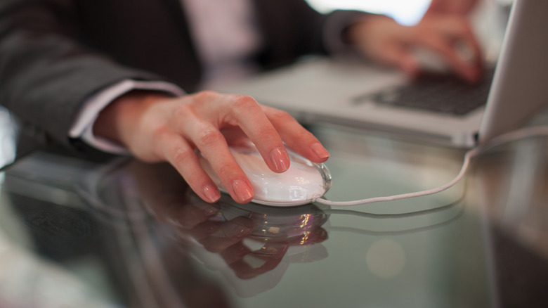 A person using a mouse with a laptop.