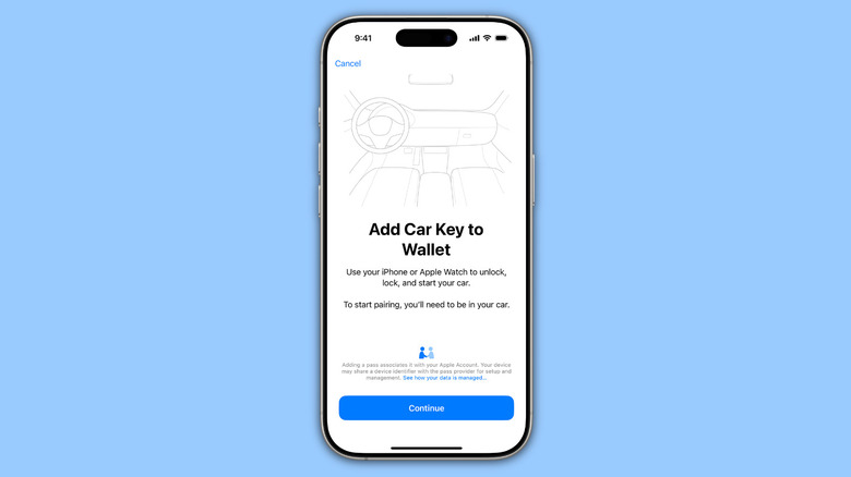 An iPhone displaying how to add a car key in the Wallet app