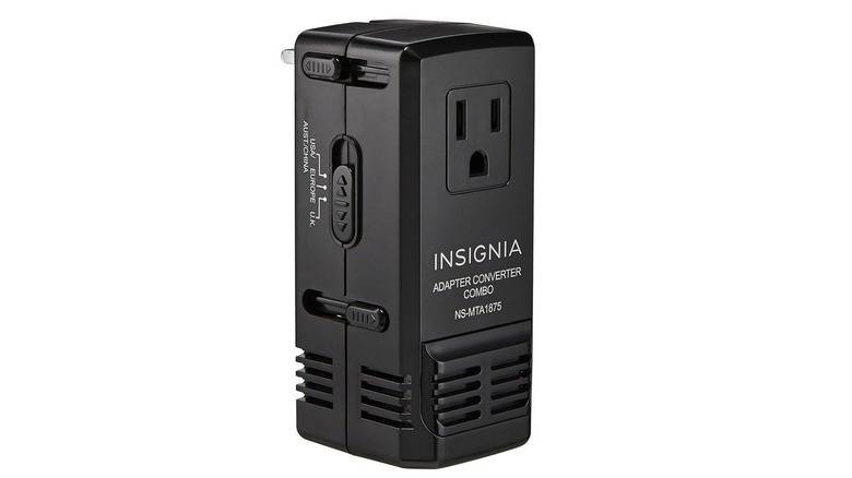 The Insignia All-In-One Travel Adapter/Converter on a white background.