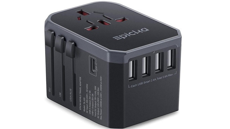 The Epicka Universal Travel Adapter on a white background, showing its ports and controls.