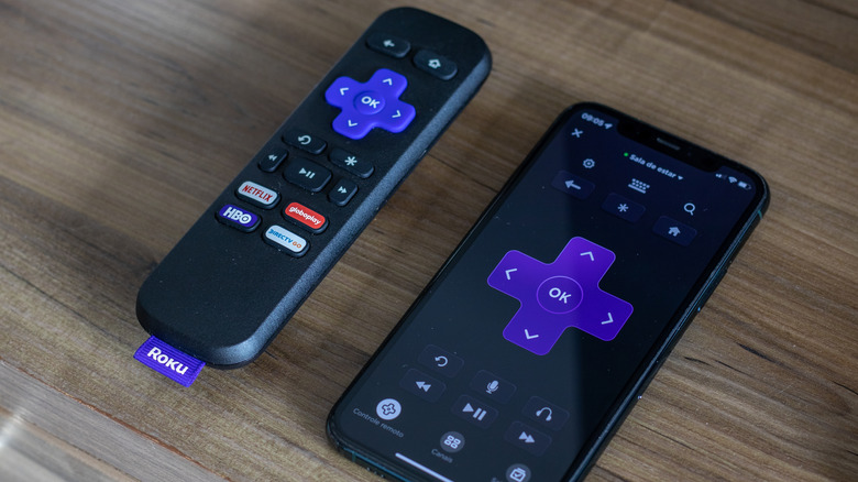 A Roku remote and the Roku app's Roku Remote feature.