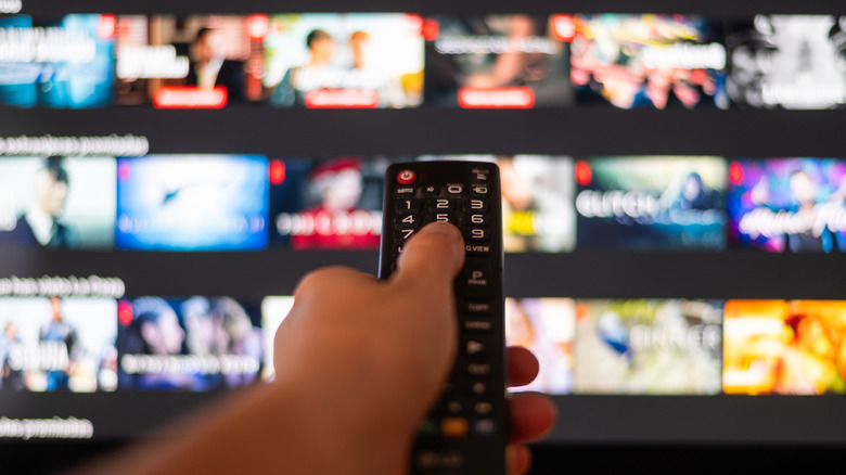hand holding remote with TV in the background
